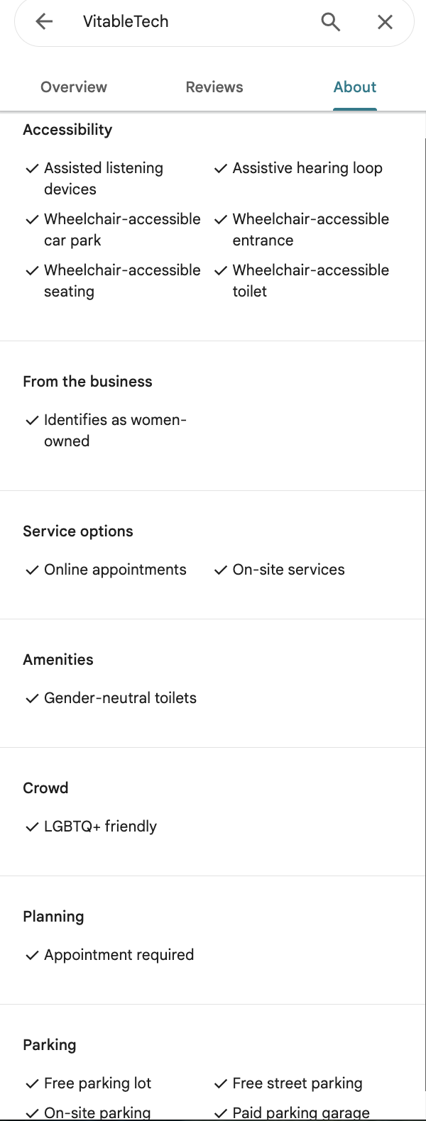 Google Maps About Section showing Attributes